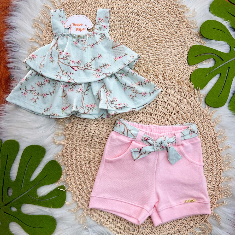 Conj. Bata Passarinhos e Short - Verde e Rosa
